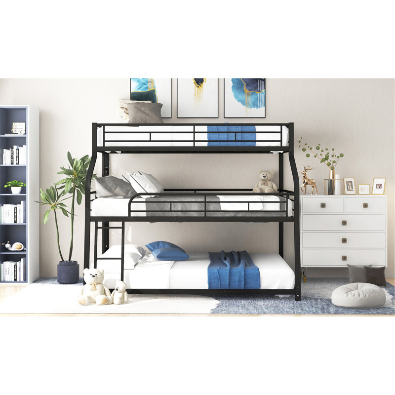 Twin XL/Full XL/Queen Triple Bunk Bed with Long and Short Ladder and Full-Length Guardrails,Black, Black
