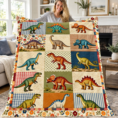 1Pc Dinosaur Quilt Blanket, Cartoon Dinosaur Print Soft Cozy Flannel Quilt, Lightweight Warm Throw Blanket for Sofa Couch Bed Living Room Dorm Office Travel, Home Decor All-Season Quilt, Machine Washable, Kids Gift