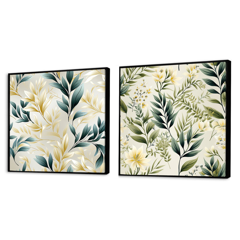 Telscombe - Ensemble de 2 collages carrés floral et botanique, Cadre flottant noir, H 30 po x l 61 po