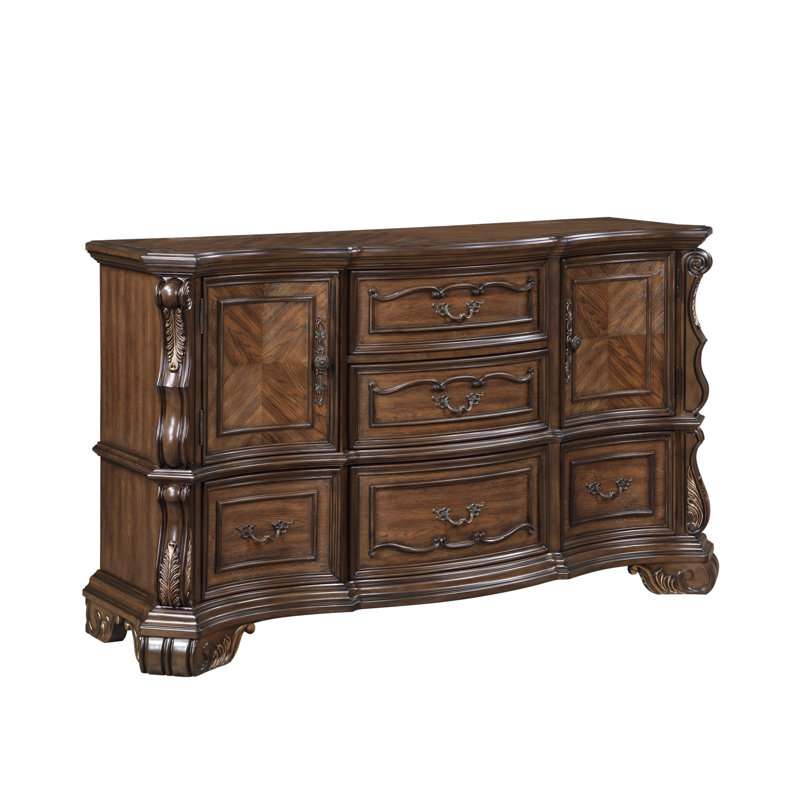 Commode de luxe formelle à finition brune foncée avec 5 tiroirs décoratifs dorés et armoire de rangement 1pc