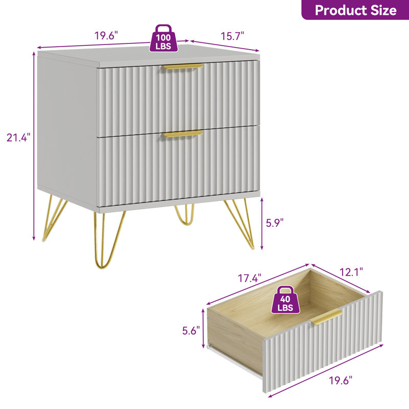 Fluted Nightstand With 2 Drawers, White