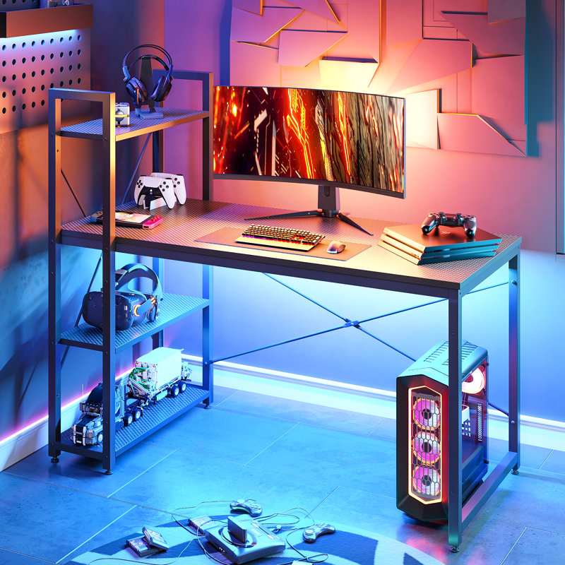 Metal Base Computer Desk, 121cm H x 140cm W x 64cm D, Black Carbon Fibre