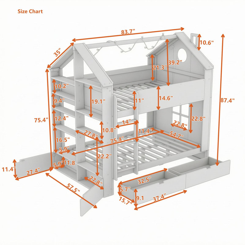 Bunk Bed with Storage Drawers, Shelves and Light Strip, White Grey