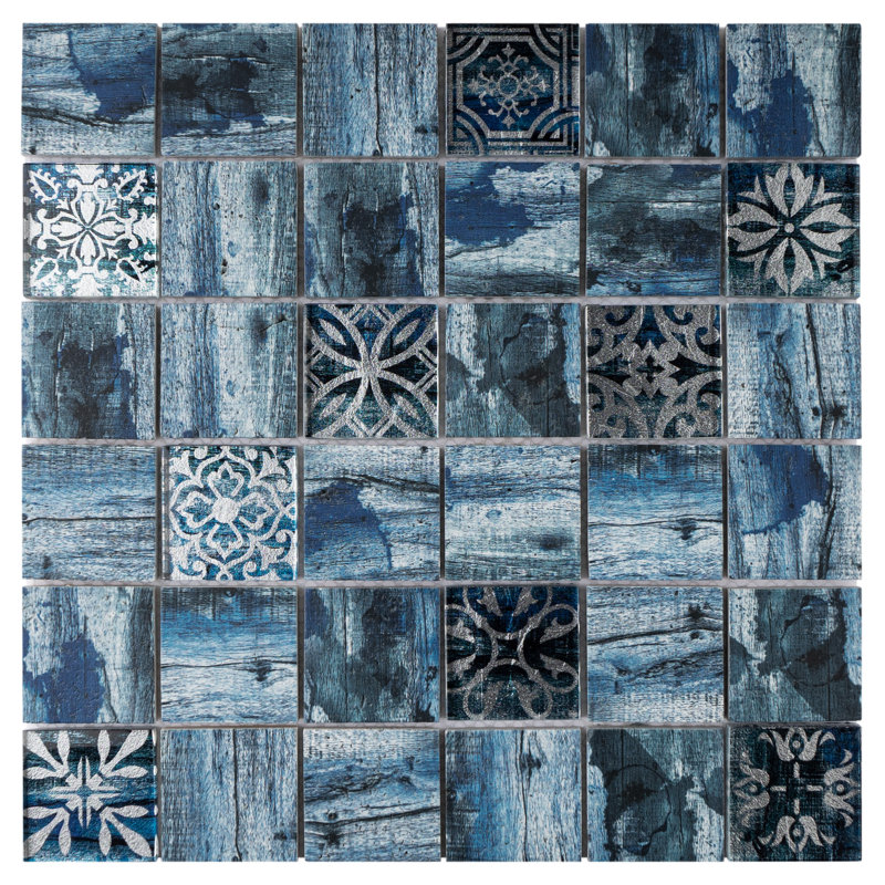 Classic Roman 11.82 in. x 11.82 in. Squares Glossy Glass Mosaic Tile, Gray/Blue