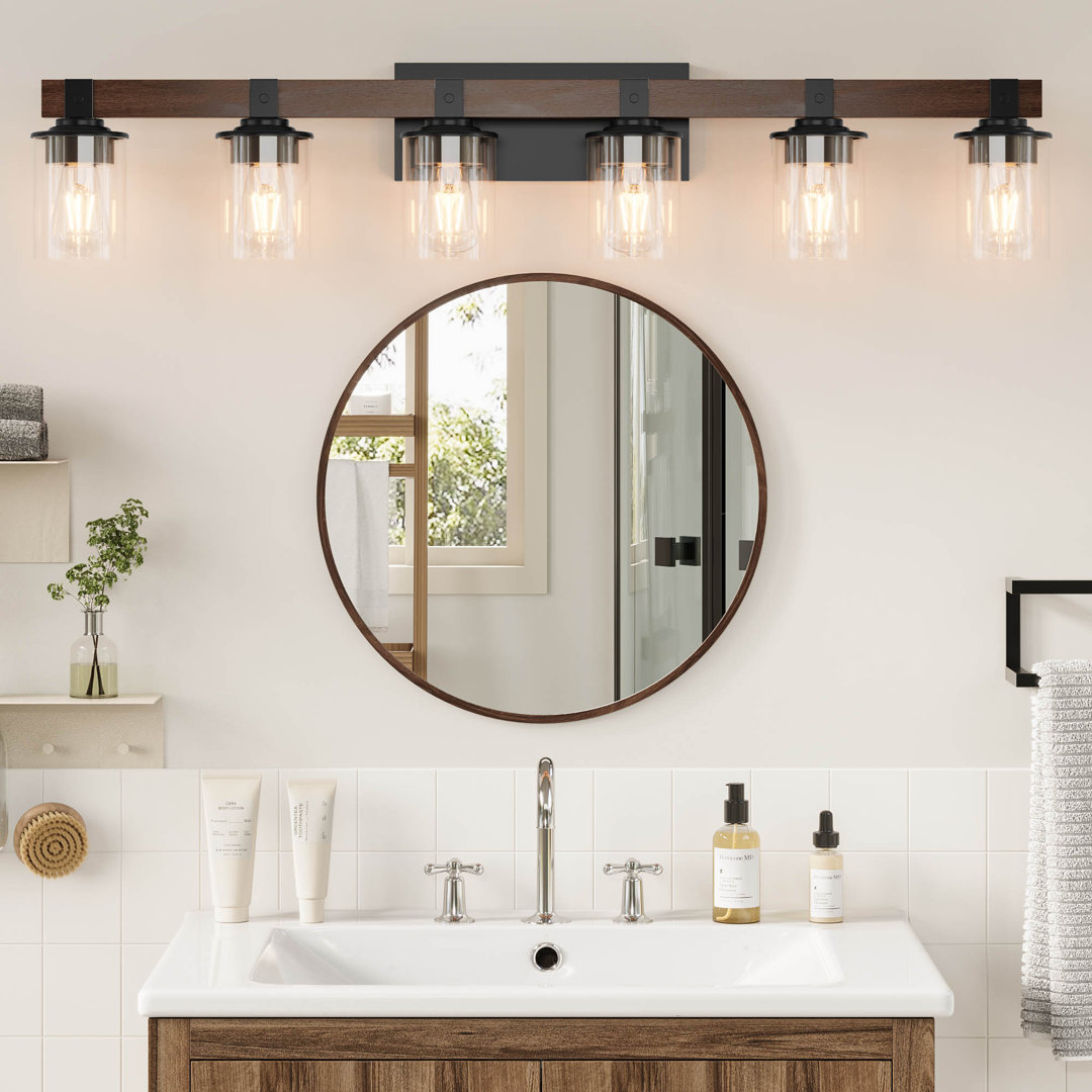 Bathroom Vanity Lighting, Bathroom Vanity Lights Over Mirror, Iron Frame & Wood Backplate, Industrial & Farmhouse 17 Stories Number of