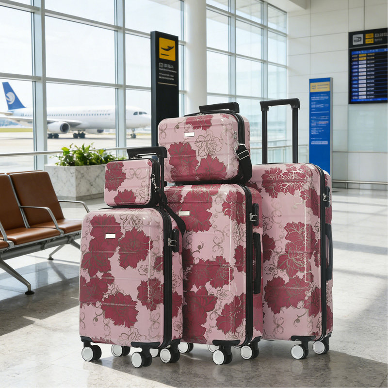 Ensemble de valises 5 pièces, valises rigides et légères 20 "24" 28 "avec étuis 8" 14 ", Purple Pink Flower