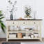 Console rétro avec deux tablettes ouvertes, structure en bois de pin massif et pieds pour le salon (espresso et beige)-1359666171