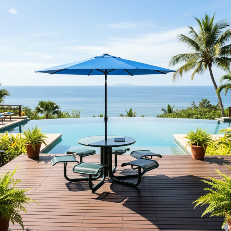 Parasol de patio bleu de 11 pi avec lumières à DEL à énergie solaire, 8 baleines et manivelle pour auvent de jardin - Toile, abri de piscine
