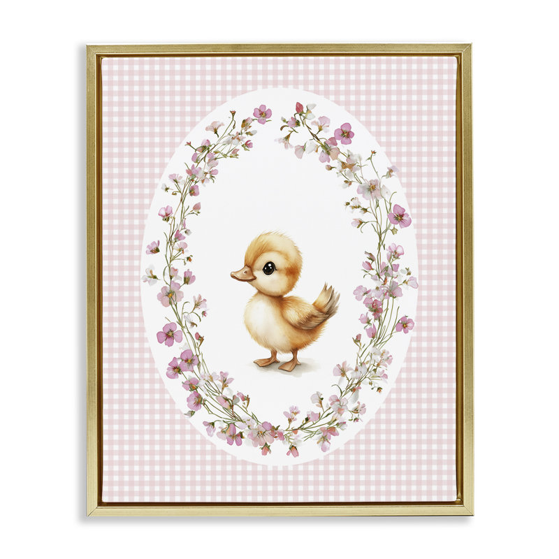 Cadre flottant Spring Gingham Duckling, design par Christine Simpson Art, Cadre flottant métallique doré, H 31 po x l 25 po