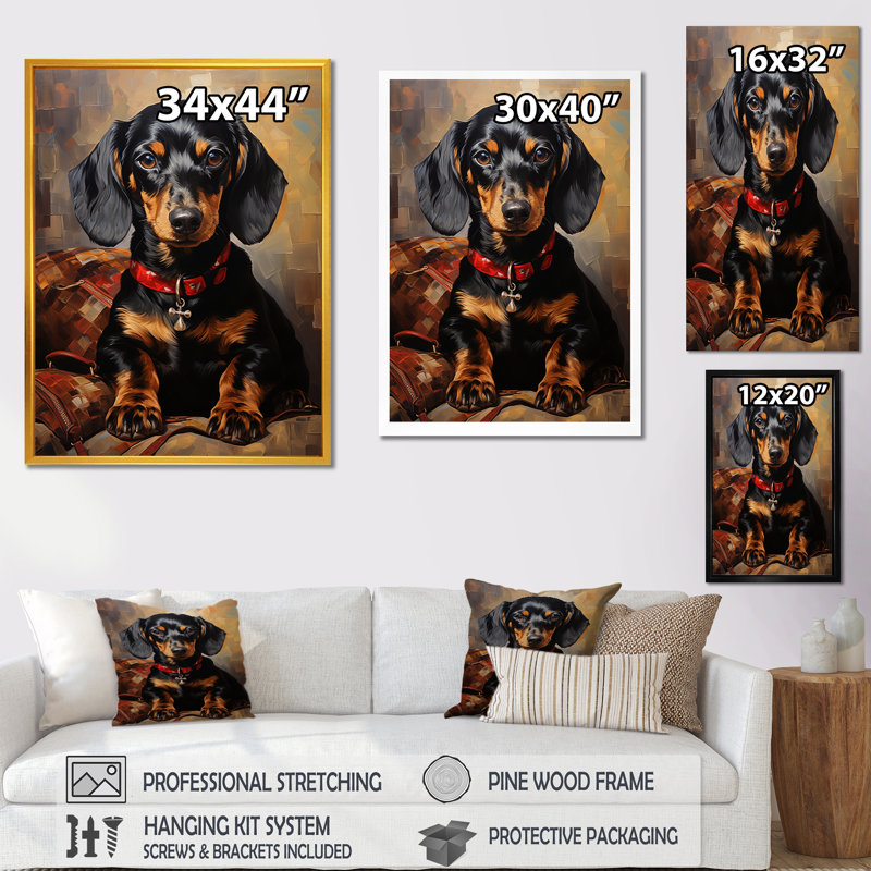 «Cute Dog Dachshund Portrait» - art mural chien, Cadre flottant brun, H 20 po x l 12 po x P 1 po