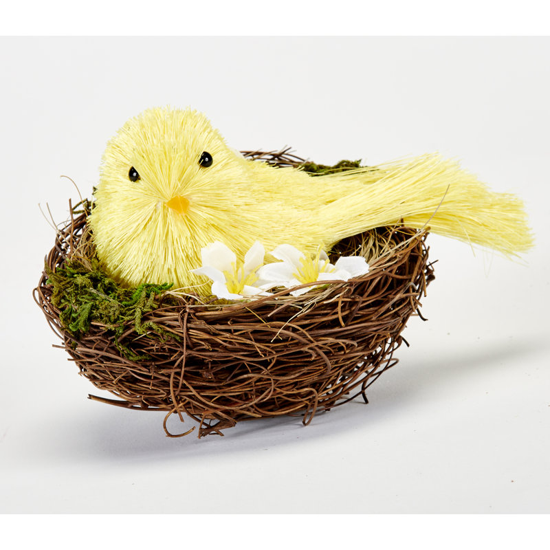 4" Easter Yellow Bird In 4.5" Diameter Nest Tabletop Decoration, Set Of 2