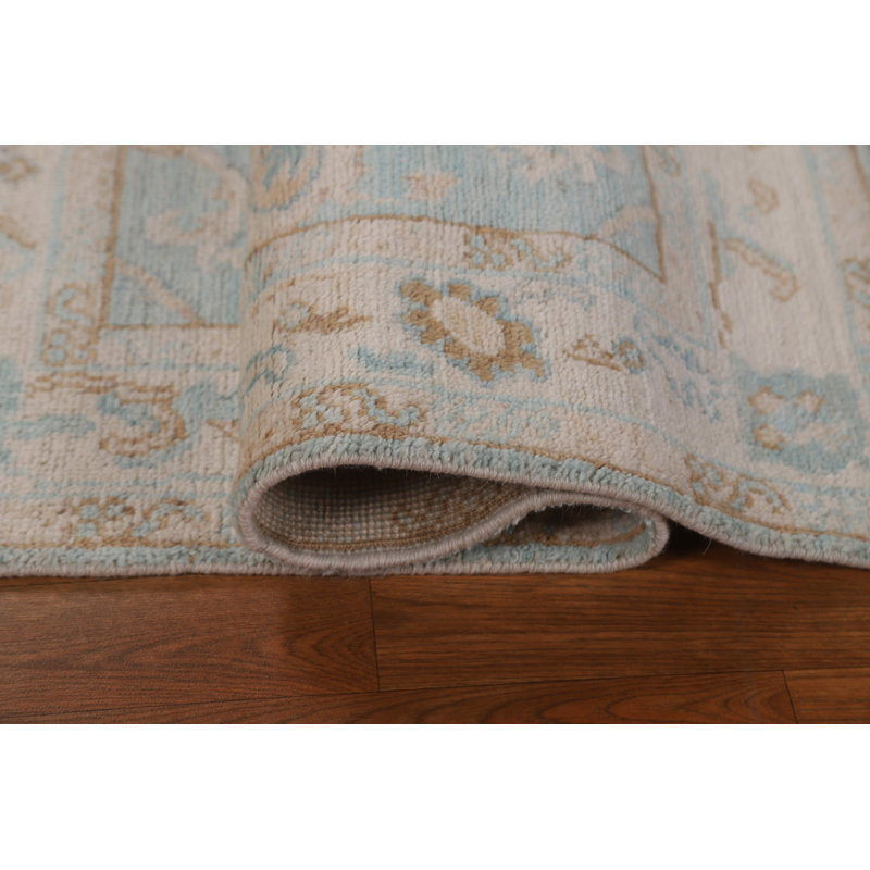 Tapis bleu en laine noué à la main de conception unique 3 pi x 3 pi 11 po New Age