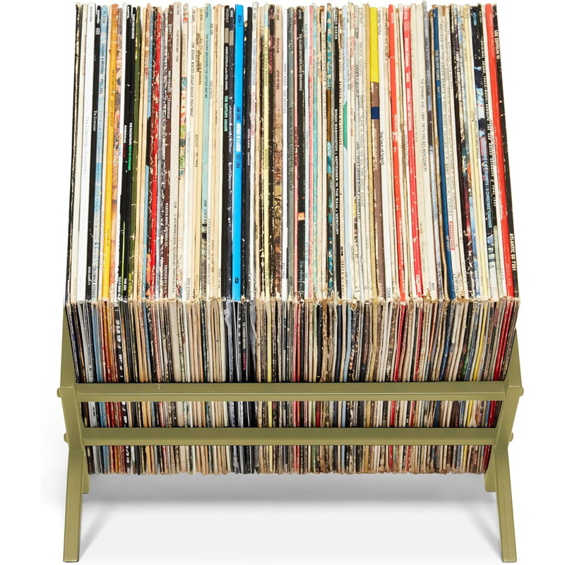 Matte Black Metal Vinyl Record Rack (12"×15.75"×11") – 100-LP Capacity Slanted-Leg Organizer with Support Bar & Silicone Pads