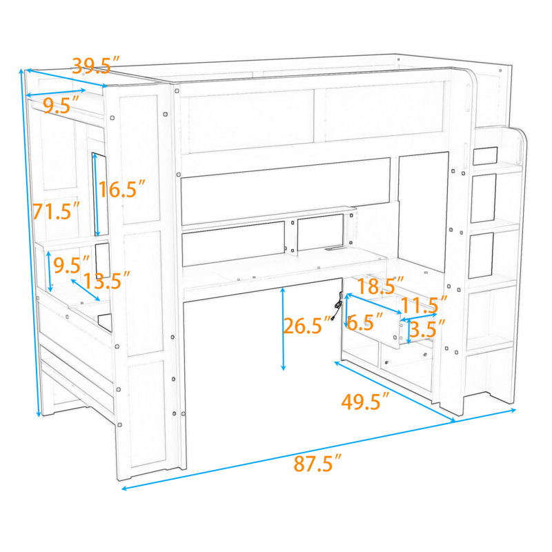 Lit mezzanine Hunie avec bureau éclairé par DEL, rangement multiple et station de charge, Simple