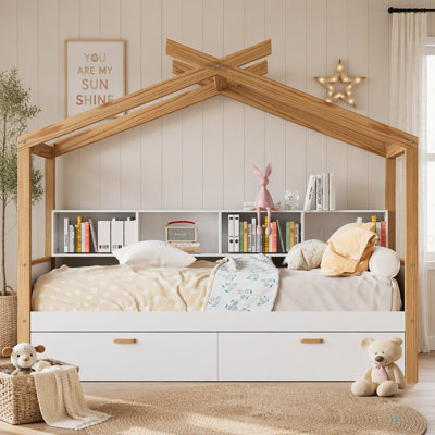 Lit double en bois pleine grandeur avec cadre en bois original avec deux tiroirs et bibliothèque pour enfants ou chambre d'amis