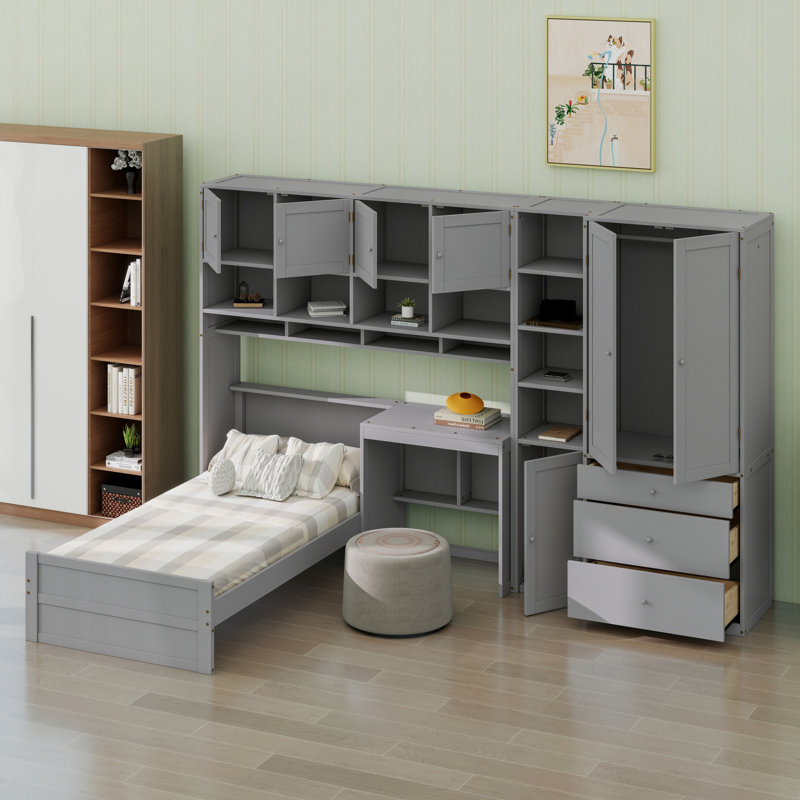 Lit plateforme peu encombrant avec bureau intégré, garde-robe, armoires de rangement et tiroirs, Gris