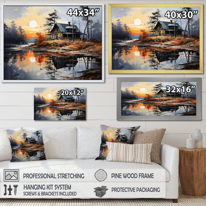 Yellow Lakehouse Reflections Of Serenity II sur impression sur toile, H 12 po x l 20 po x P 1 po, Cadre photo noir
