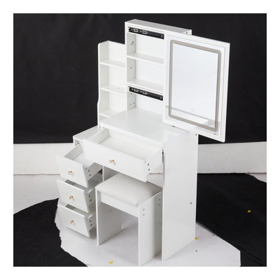 29.2" Small Size Left Bedside Cabinet Vanity Table + Cushioned Stool, Large Sliding, Touch Control, Tri-Color Switching, Brightness Adjust LED Mirror, High Capacity Storage, Suitable For Small Space