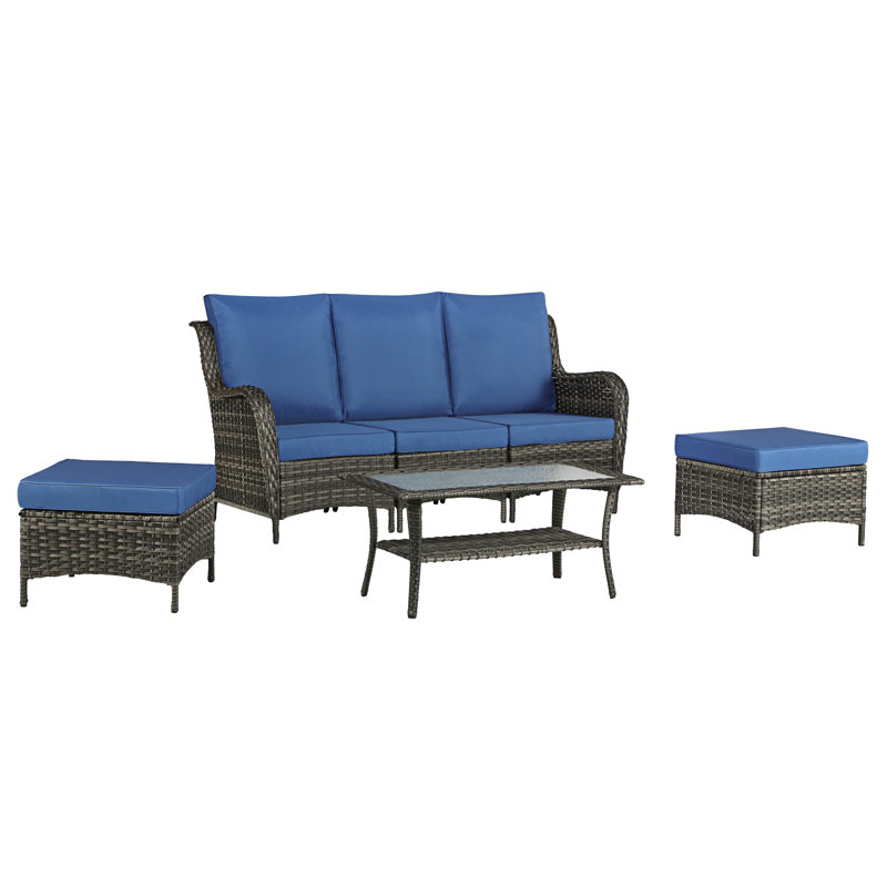 3 - Person Seating Group with Cushions, Blue, Grey