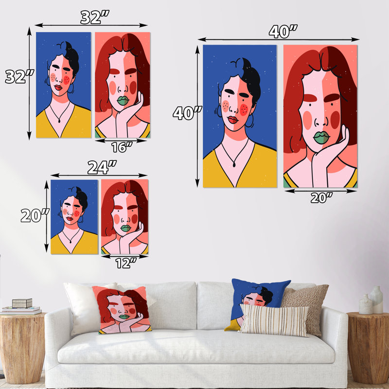 «Retro Woman Portrait Minimalistic Pop IX», ensemble de 2 impressions, H 32 po x l 32 po x P 1 po, Toile tendue