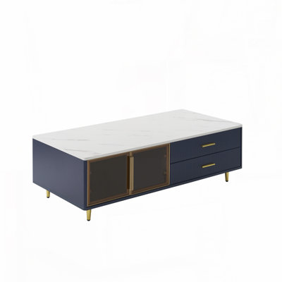 Coffee Table with 2 Glass Door Storage, 4 Drawers