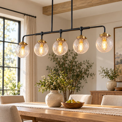 Modern 5-Light Island Chandelier with Crackled Glass Shades - Matte Black & Antique Copper