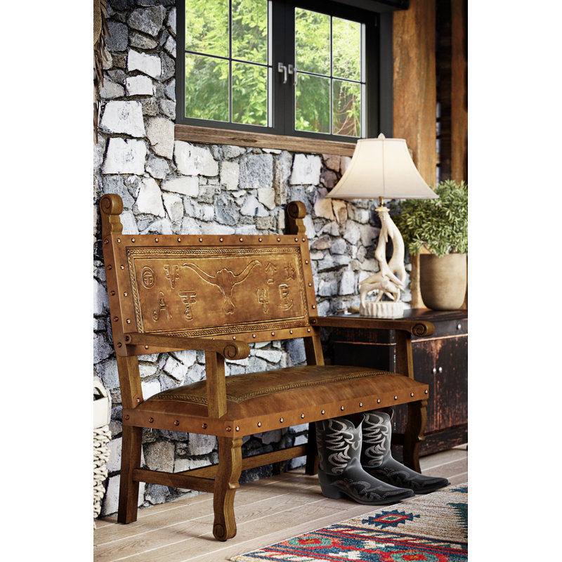 Banc en cuir véritable Tylersburg, Rustique occidental / géométrique, H 44 po x l 50 po x P 25 po
