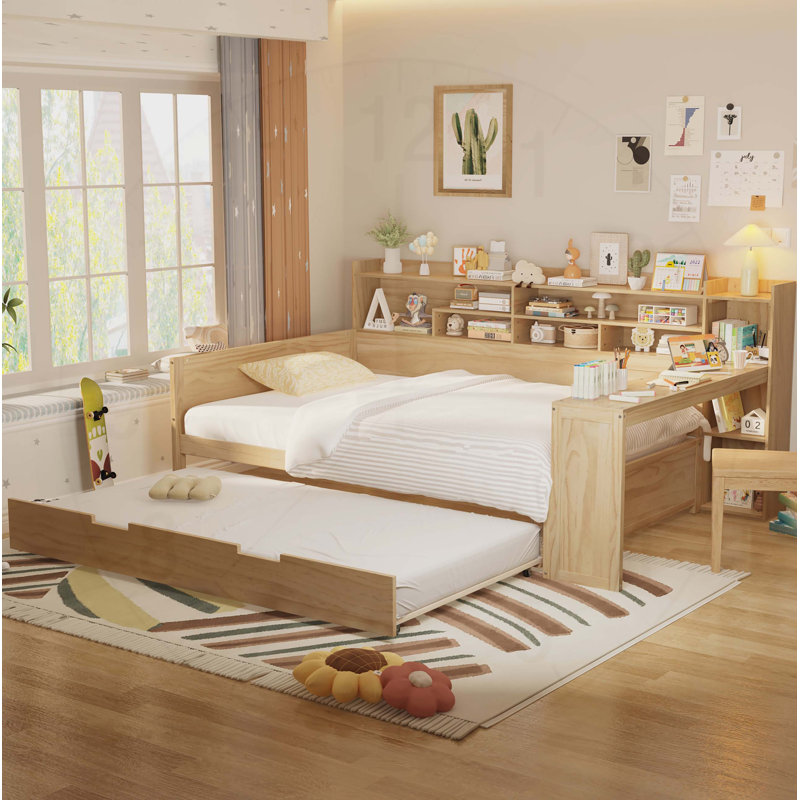 Lit de jour en bois avec tablettes de rangement, lit multifonctionnel avec lit gigogne et bureau , Complet/Double, Naturel