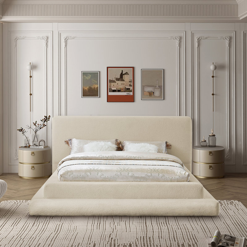 Hoffarth Upholstered Platform Bed, Beige Faux Shearling Teddy Fabric, King