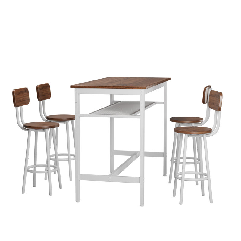 Ensemble 5 pièces de table de bar et chaises pour 4, avec filet de rangement, brun rustique, Brun