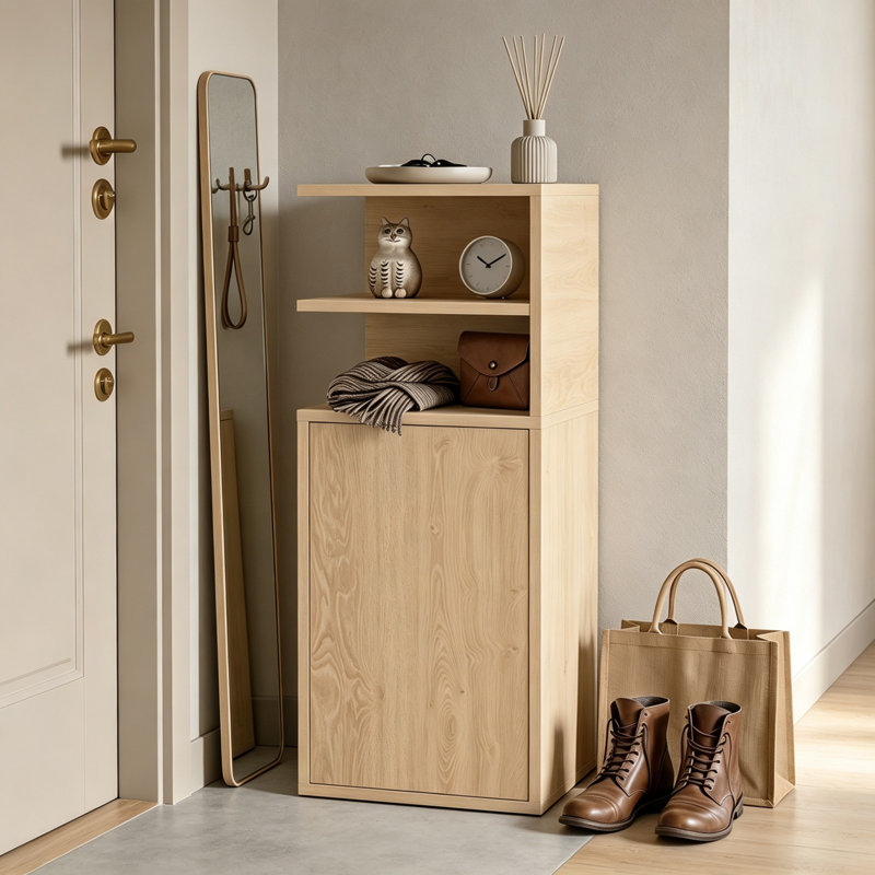 Slim Bedside Tables Set of 2 with Open Compartments and Cupboard, Narrow Nightstands for Bedroom and Living Room, Particle Board, 25 cm W x 30 cm D x 60 cm H