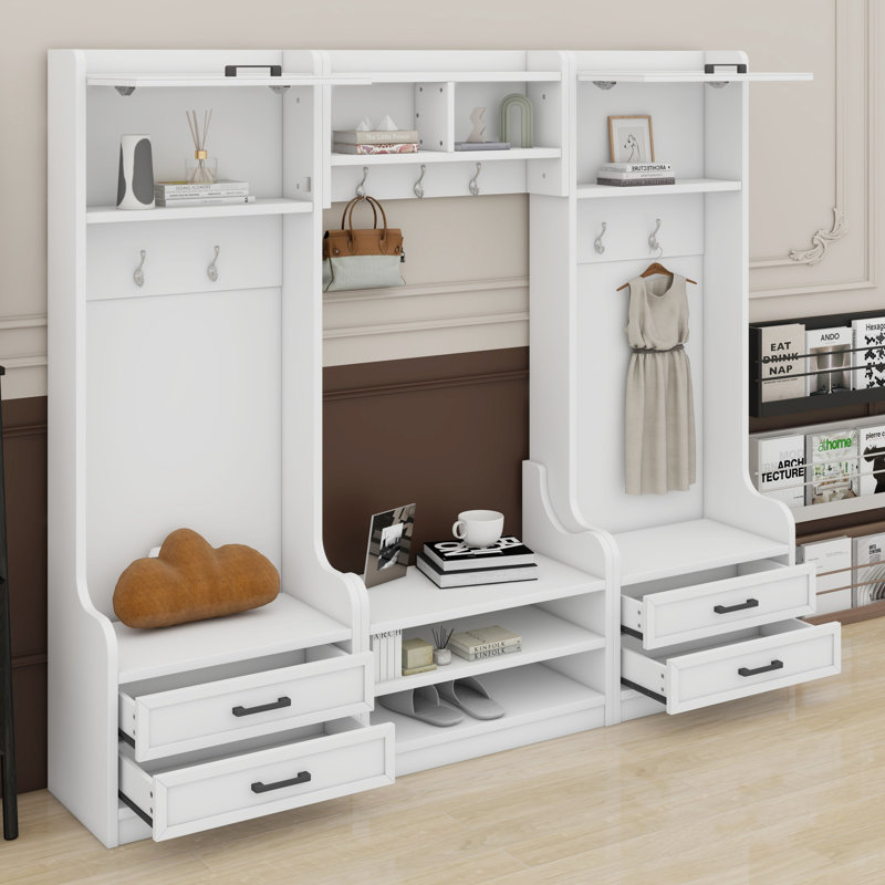 Portemanteau amovible 4-en-1 avec rangement et crochets, portemanteau multifonctionnel avec tiroirs et armoire de rangement, banc à chaussures pour le vestibule