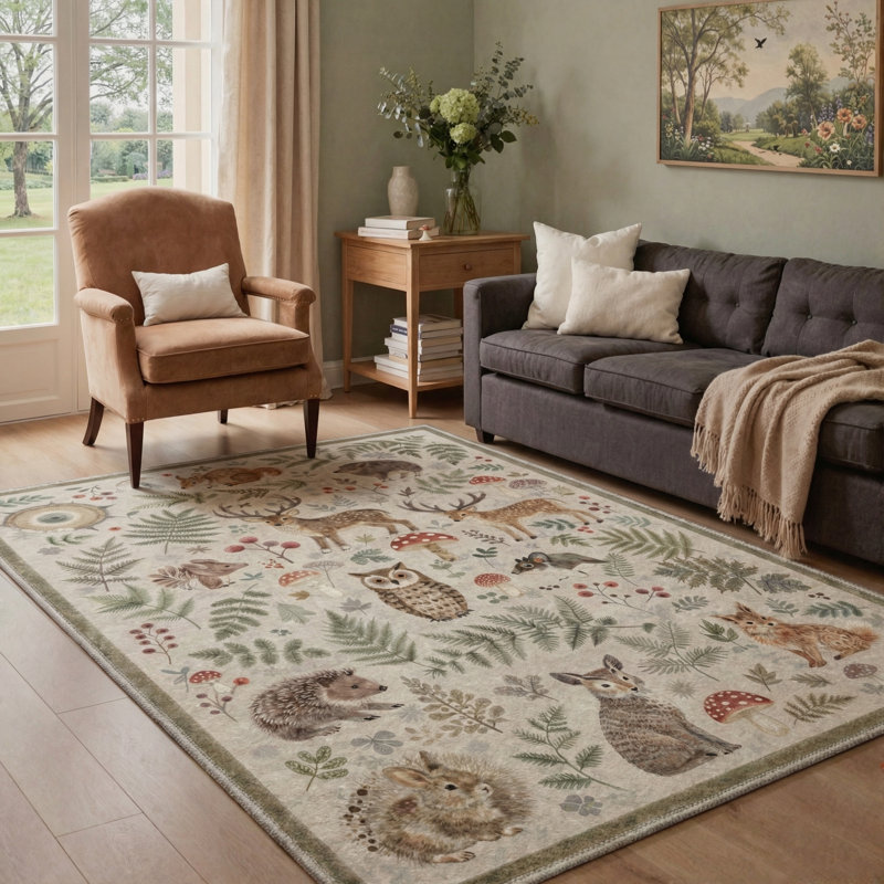 Aarna Woodland Rustic Animals  Beige&Brown Area Rug, Washable Kids Rug with Non-Slip Backing, Rectangle 6' x 9', Brown
