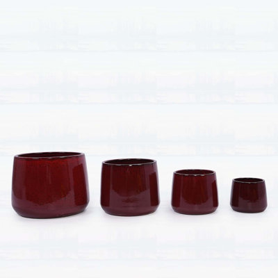 Ensemble de 4 pots de fleurs faits à la main en céramique, vernis moucheté rouge foncé pour une utilisation intérieure / extérieure