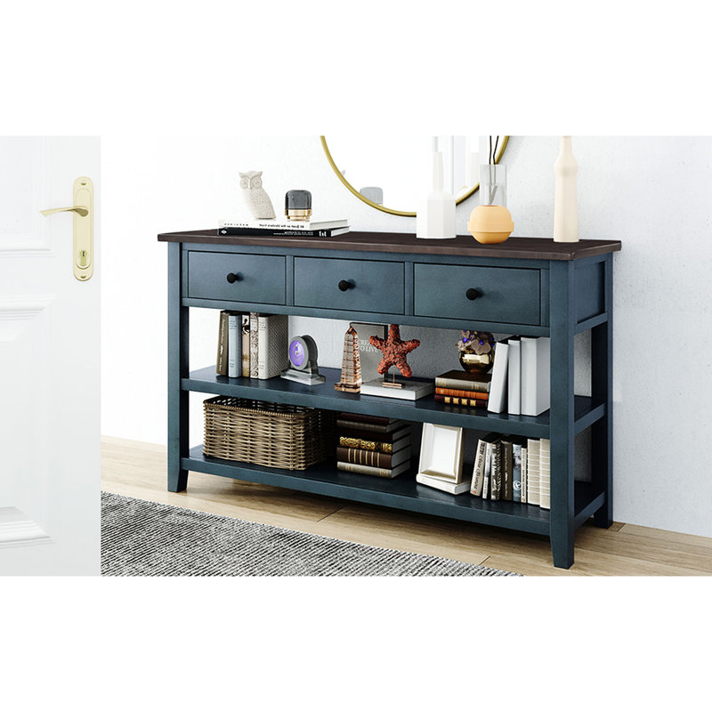 Console Mid-Century, 3 tiroirs et 2 tablettes ouvertes, tiroirs dynamiques, bleu marine, Marine