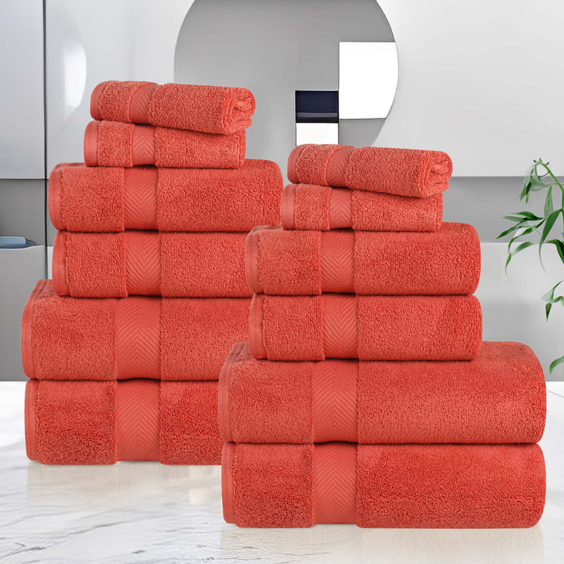 Fatih Zero Twist Cotton Solid Chevron Dobby Border Super Soft Absorbent 12 Piece Assorted Towel Set, Brick