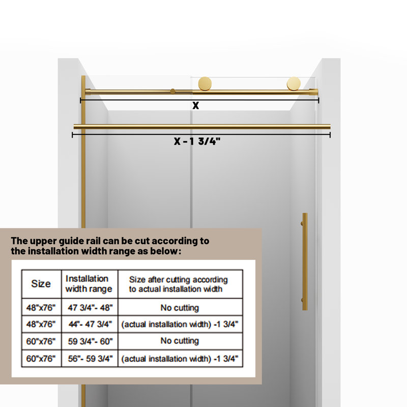 Brushed Gold Frameless Sliding Shower Door with Clear Tempered Glass, 48" x 76"