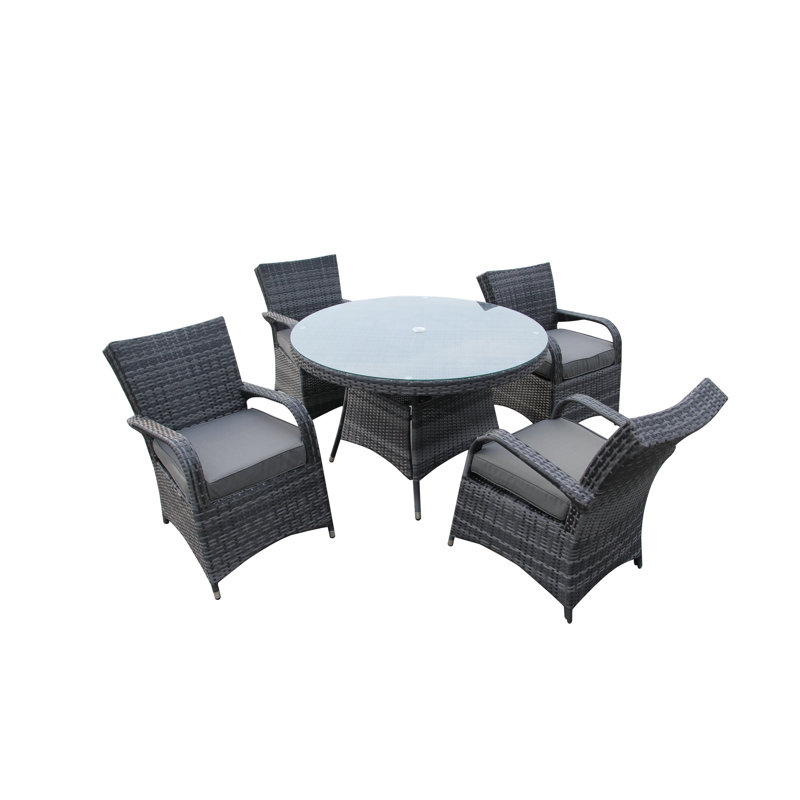 Judesa 4 - Person Wicker Patio Dining Set with Round Table , Cushions Included, Grey, Grey