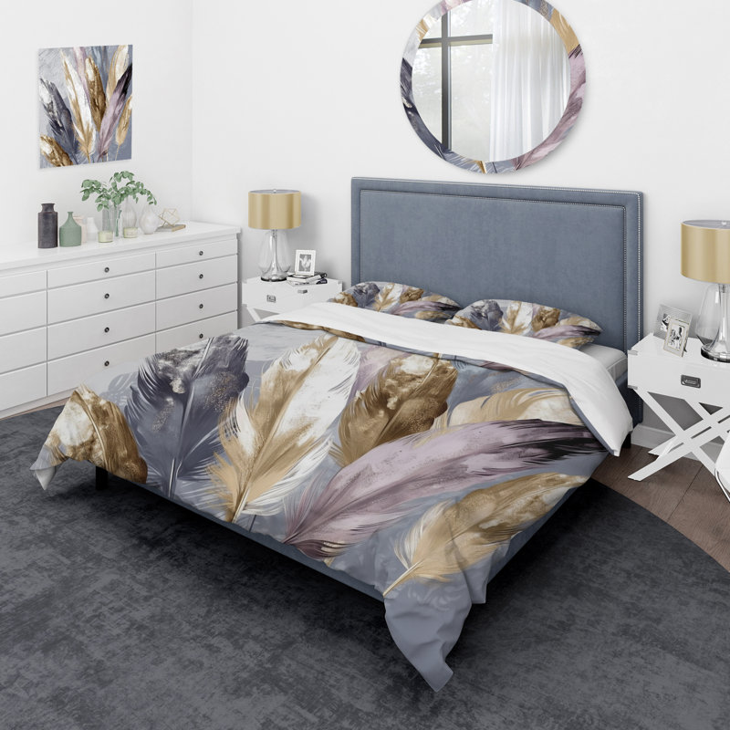 Ensemble de housse de couette Mauve Feather Boho Majesty - Glam Feather, Housse de couette simple et deux taies décorative