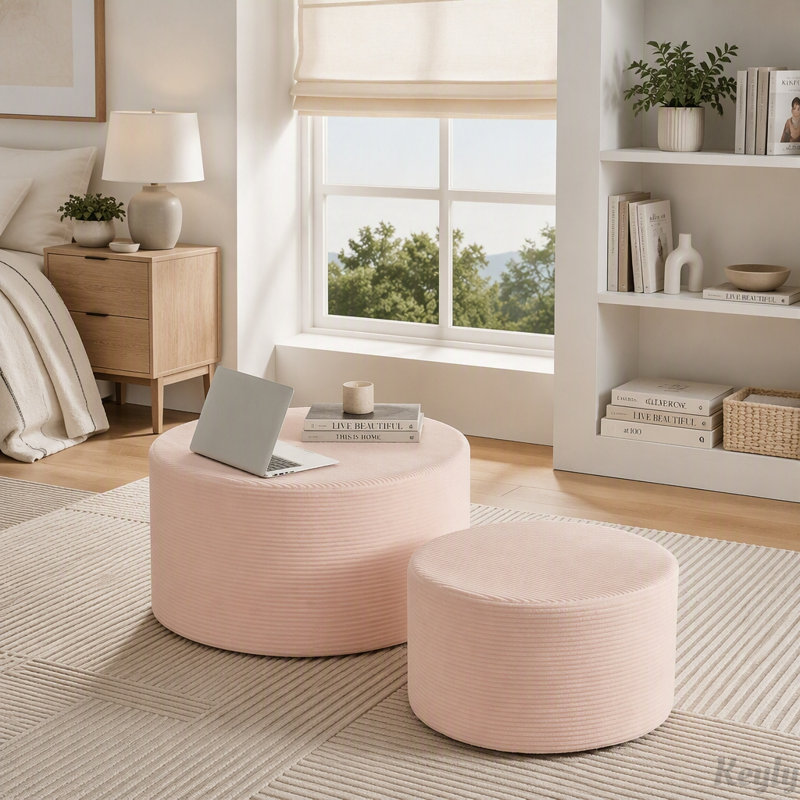 Ensemble de 2 poufs cylindriques rembourrés, Pink, Rose