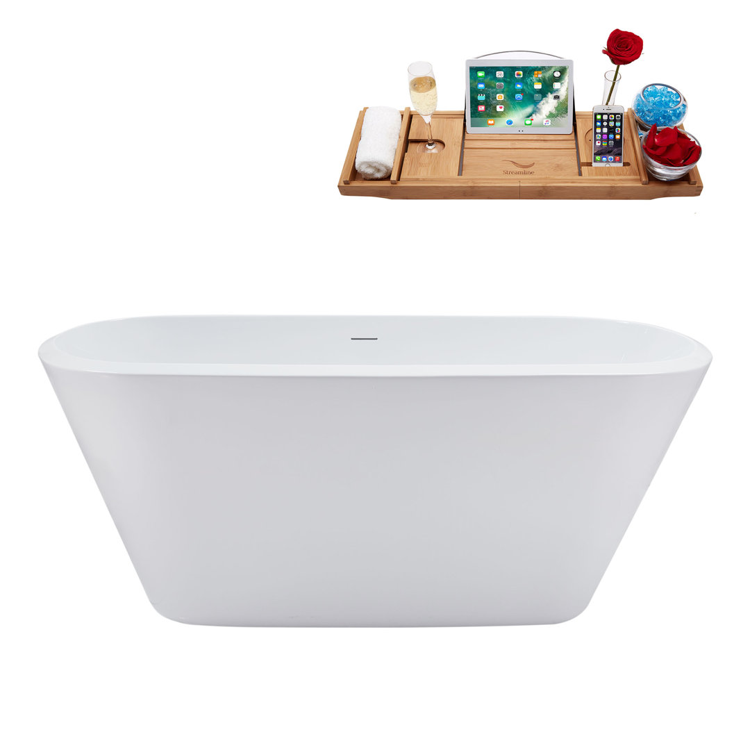 59'' Streamline Freestanding Soaking Acrylic Bathtub With Drain and Bamboo Tray Streamline Bath Drain 