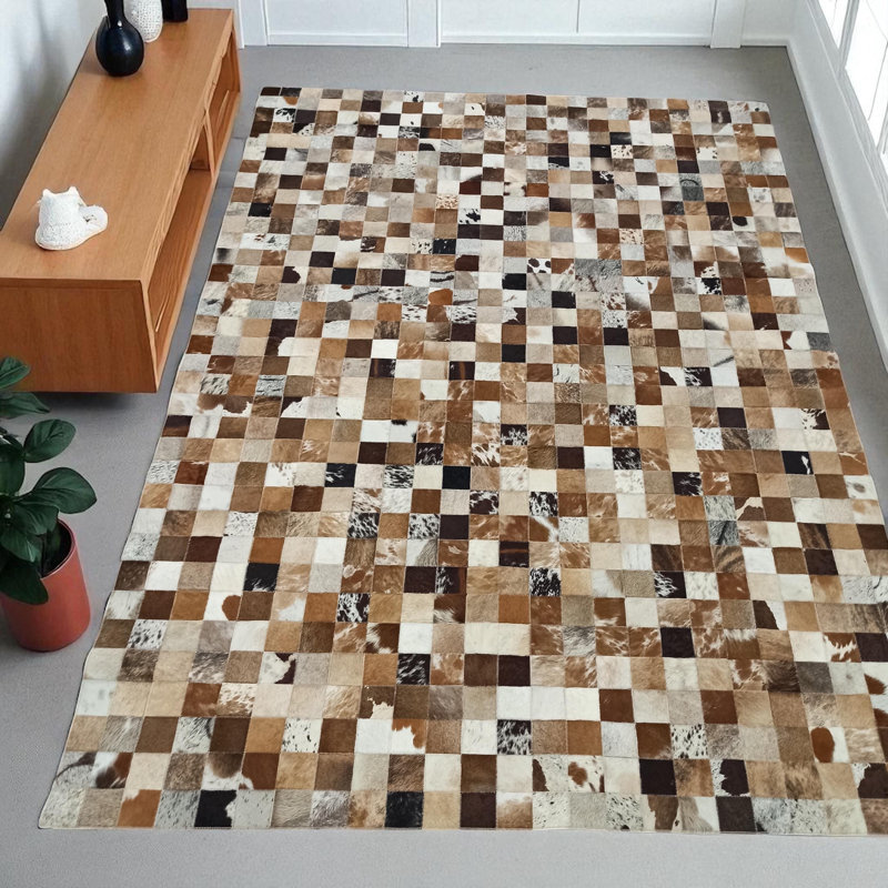 Mini tapis à carreaux en cuir de vache véritable, tapis en cuir de vache pour la décoration intérieure, Rectangle 5' x 7.5'