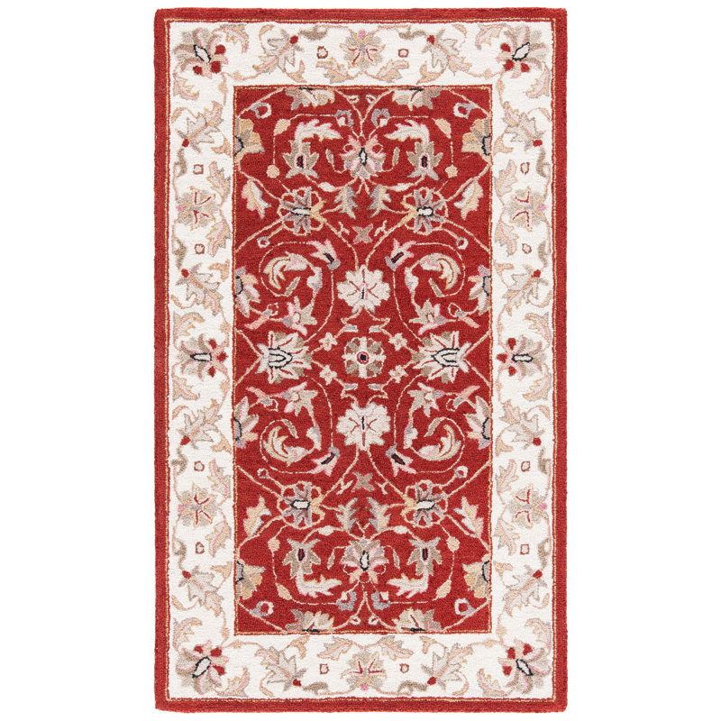 Tapis bourgogne / ivoire en laine crocheté fabriqué à la main à motif oriental Hollander, Rectangle 2 pi 9 po x 4 pi 9 po