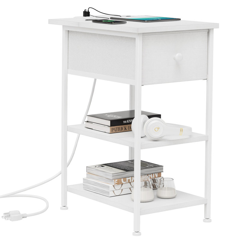 End Table with Shelves and Charging Station, Flip Top Side Table with USB Ports and Outlets, Bedside Table, Nightstand, White