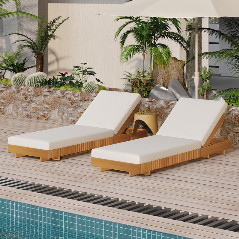 Valen Modern Acacia Wood Outdoor Chaise Lounge With Adjustable Backrest And Water-Repellent Cushion, Cream