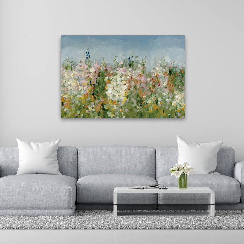 Art sur fond bleu et floral, H 40 po x l 60 po