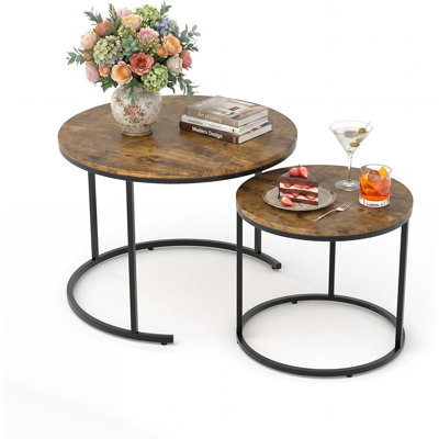 23.6/15.7 Inch Round Nesting Coffee Table Set of 2, Round Coffee Table for Living Room, Space Saving Nesting Tables with Faux Marble Top, Metal Frame,