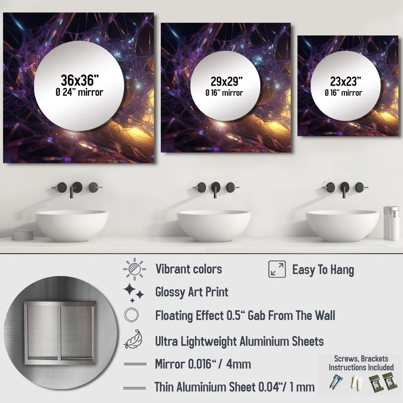 Etalo - Grand miroir mural carré Fractals pour chambre à coucher, 29 po x 29 po