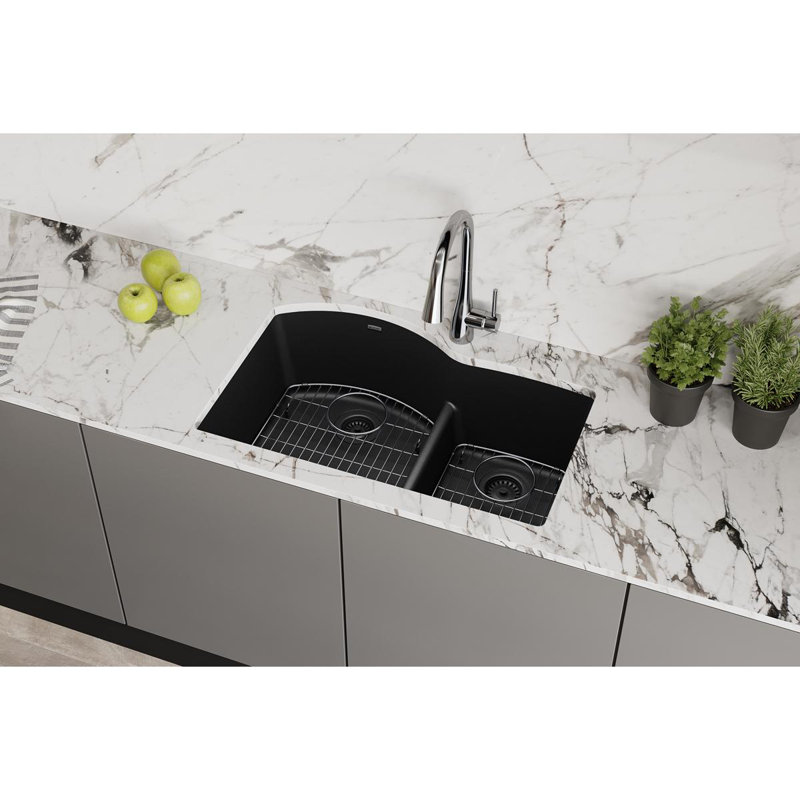 Évier de cuisine à double cuve avec filtre à panier encastrable à quartz 33 po x 22 po x 10 po Quartz, Noir