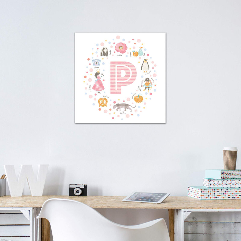 Lettre illustrée P rose - impression, Toile tendue, Pas de tapis, H 12 po x l 12 po x P 1,5 po